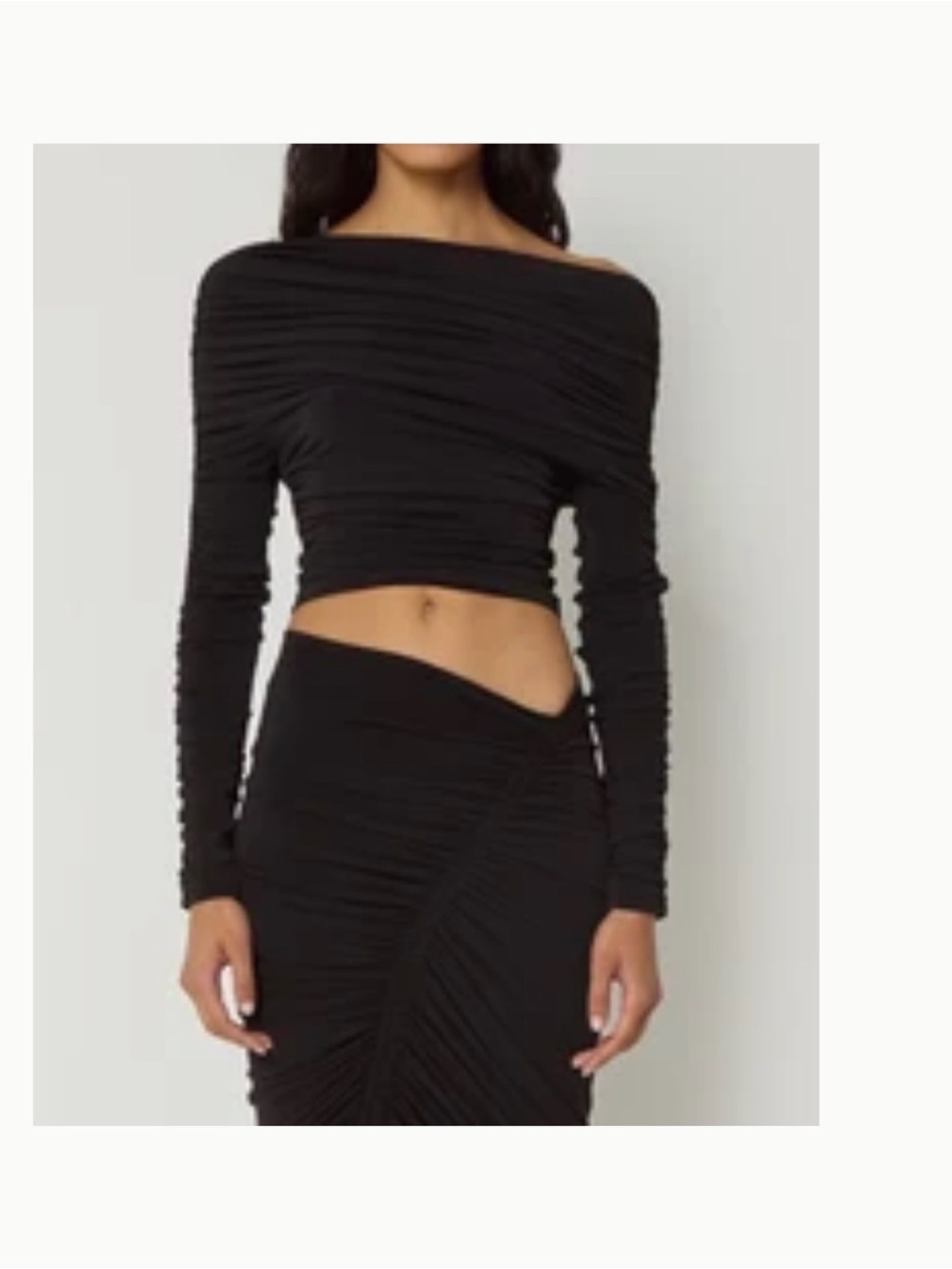 Ruched Off-Shoulder Black Long-Sleeve Crop Top